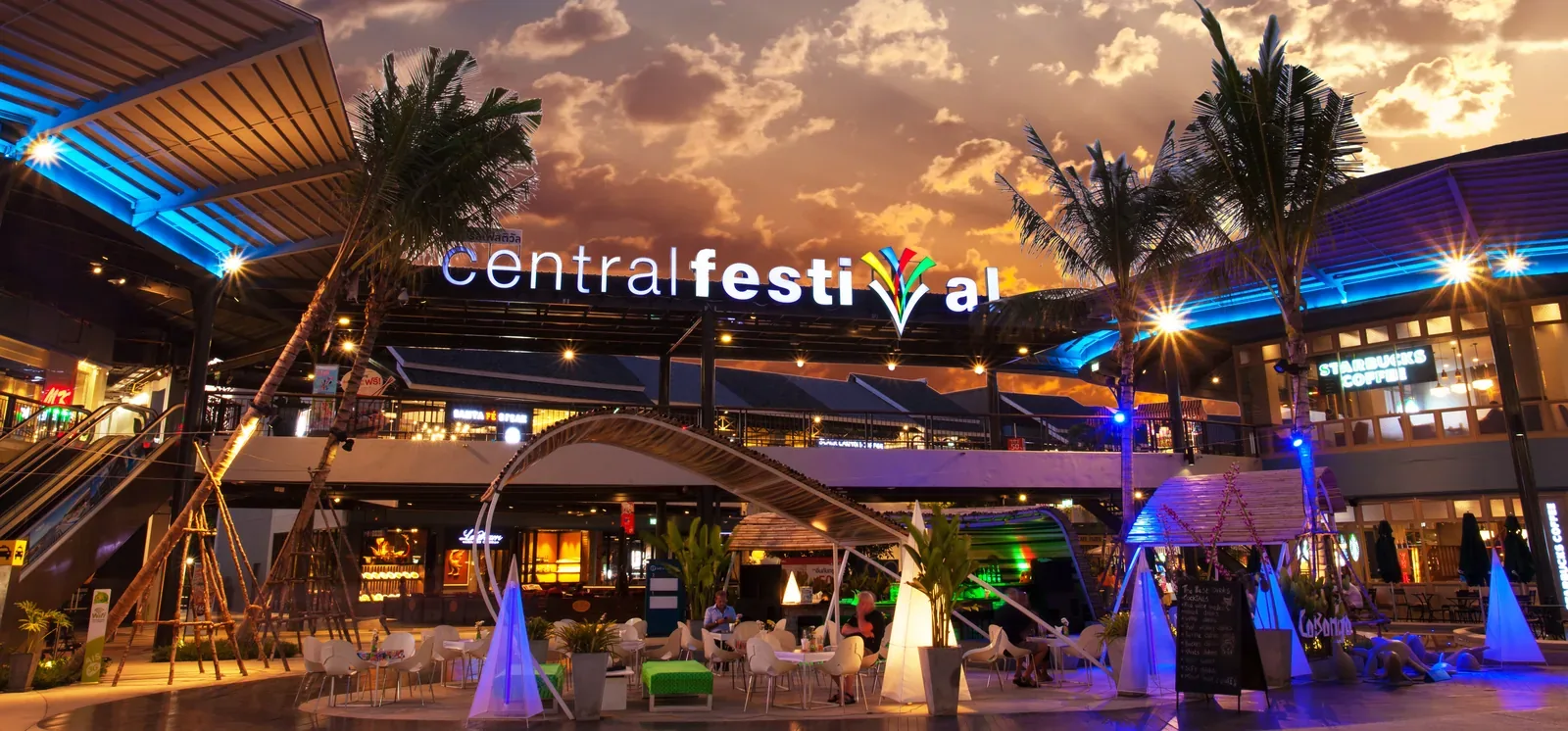 Central Festival Samui mall exterior with palm-lined promenade